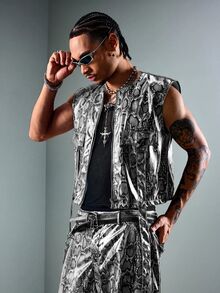 ROMWE MEN Street Life Men's Snake Print Zipper Placket Casual Vest - White - View 5