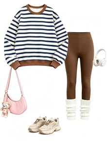 Set Sweatshirt Leher Bulat Motif Garis-garis untuk Anak Perempuan Remaja, Set Motif Garis-garis yang Dipersonalisasi, Sweatshirt yang Dipersonalisasi, Cocok untuk Musim Gugur/Musim Dingin, Jalan-jalan Sehari-hari, Pakaian Kasual, Gaya Energik, Perjalanan Santai, Gaya Dasar, Nyaman dan Mudah Dipakai, Kasual Sehari-hari - MultiWarna - View 2