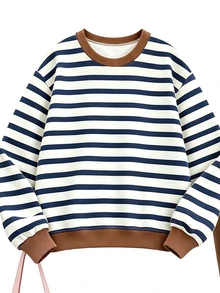 Set Sweatshirt Leher Bulat Motif Garis-garis untuk Anak Perempuan Remaja, Set Motif Garis-garis yang Dipersonalisasi, Sweatshirt yang Dipersonalisasi, Cocok untuk Musim Gugur/Musim Dingin, Jalan-jalan Sehari-hari, Pakaian Kasual, Gaya Energik, Perjalanan Santai, Gaya Dasar, Nyaman dan Mudah Dipakai, Kasual Sehari-hari - MultiWarna - View 6
