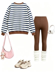 Set Sweatshirt Leher Bulat Motif Garis-garis untuk Anak Perempuan Remaja, Set Motif Garis-garis yang Dipersonalisasi, Sweatshirt yang Dipersonalisasi, Cocok untuk Musim Gugur/Musim Dingin, Jalan-jalan Sehari-hari, Pakaian Kasual, Gaya Energik, Perjalanan Santai, Gaya Dasar, Nyaman dan Mudah Dipakai, Kasual Sehari-hari - MultiWarna - View 5