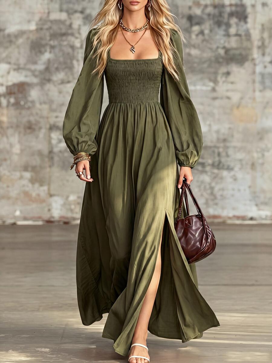 Omancia Women's Spring/Autumn/Winter French Chic Luxury Elegant Cottagecore Minimalist High-End Design Square Neck Ruched Cinched Waist Maxi Dress Olive Green - Army Green - View 1