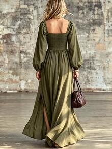 Omancia Women's Spring/Autumn/Winter French Chic Luxury Elegant Cottagecore Minimalist High-End Design Square Neck Ruched Cinched Waist Maxi Dress Olive Green - Army Green - View 2