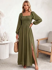 Omancia Women's Spring/Autumn/Winter French Chic Luxury Elegant Cottagecore Minimalist High-End Design Square Neck Ruched Cinched Waist Maxi Dress Olive Green - Army Green - View 4