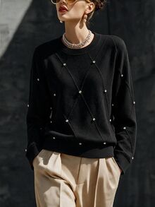 Balvessa 秋冬新款休閒優雅黑色圓領鑽石格紋提花水鑽長袖修身女款時尚針織套頭毛衣 - 黑色 - 查看 6