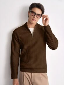 Manfinity CasualKnits 男士極簡半拉鍊羅紋針織長袖毛衣 - 咖啡棕 - 查看 7