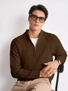 Manfinity CasualKnits 男士極簡半拉鍊羅紋針織長袖毛衣 - 咖啡棕 - 查看 5