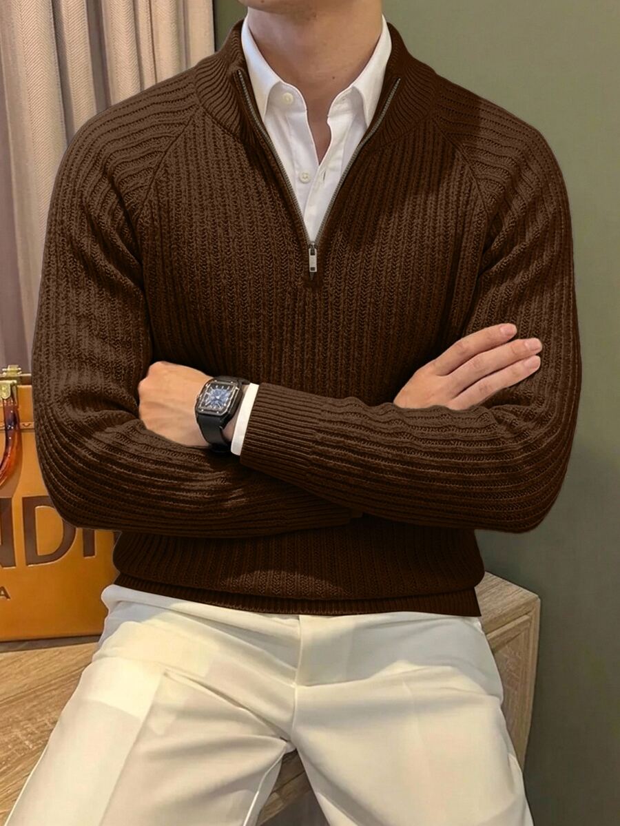 Manfinity CasualKnits 男士極簡半拉鍊羅紋針織長袖毛衣 - 咖啡棕 - 查看 1