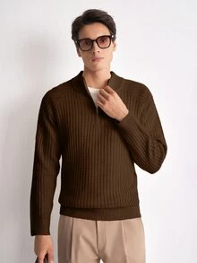 Manfinity CasualKnits 男士極簡半拉鍊羅紋針織長袖毛衣 - 咖啡棕 - 查看 4