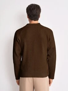 Manfinity CasualKnits 男士極簡半拉鍊羅紋針織長袖毛衣 - 咖啡棕 - 查看 2