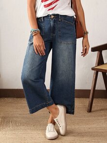 EMERY ROSE Women's Pocket Design Wide Leg Loose Casual Versatile Cropped Jeans - Blue - View 4