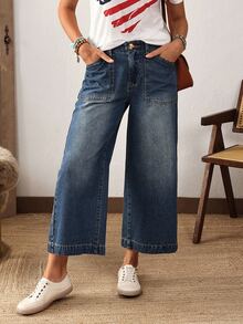 EMERY ROSE Women's Pocket Design Wide Leg Loose Casual Versatile Cropped Jeans - Blue - View 2