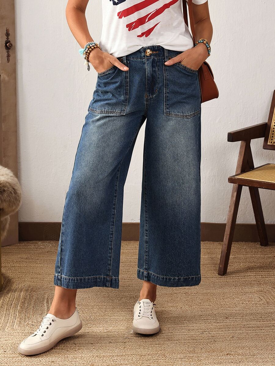 EMERY ROSE Women's Pocket Design Wide Leg Loose Casual Versatile Cropped Jeans
