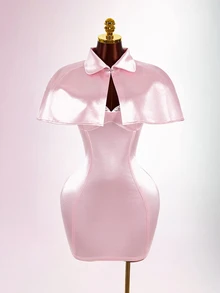 Amplova Solid Crop Cape & Satin Bodycon Dress - Pink - View 7