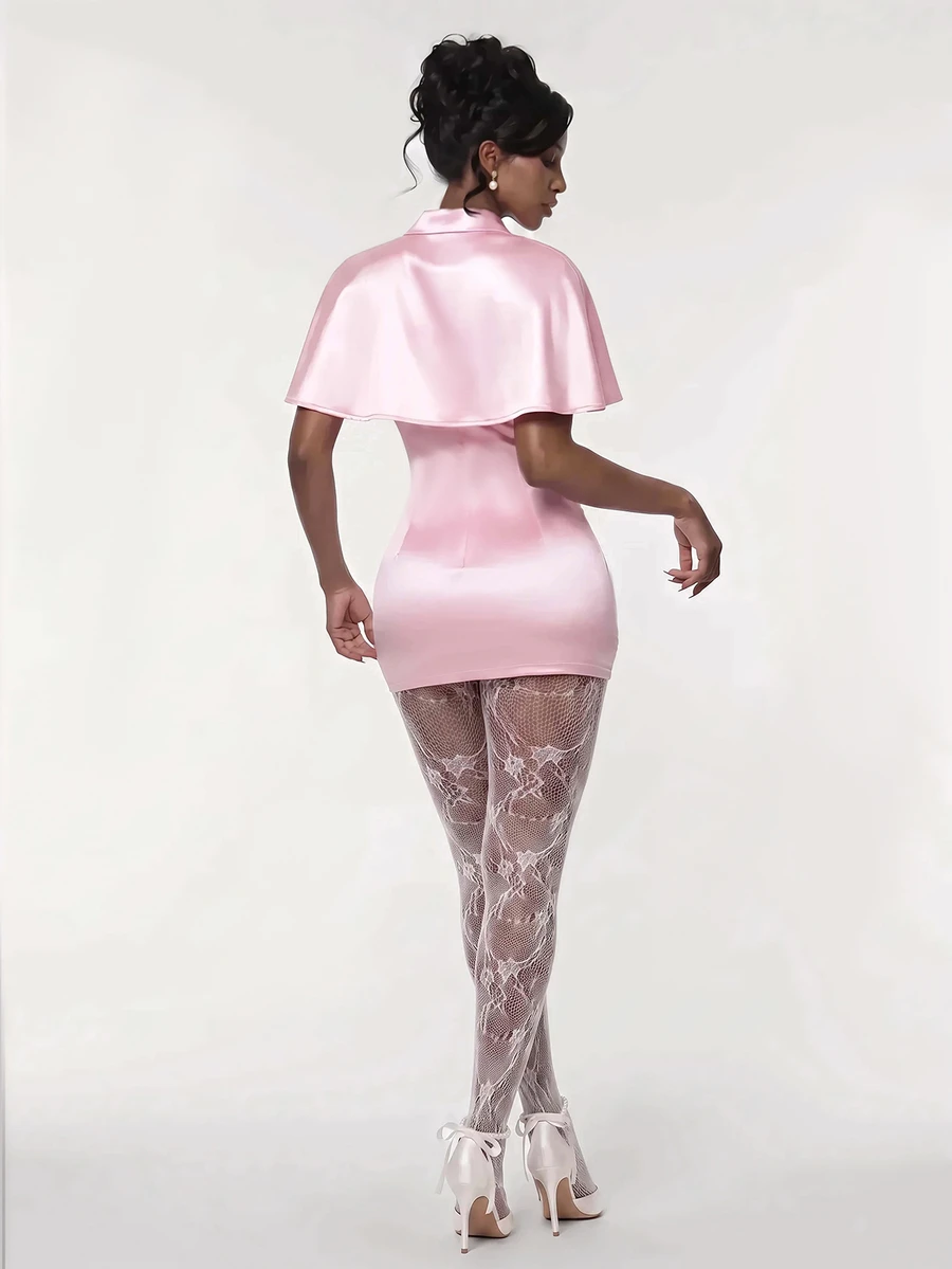 Amplova Solid Crop Cape & Satin Bodycon Dress - Pink - View 1