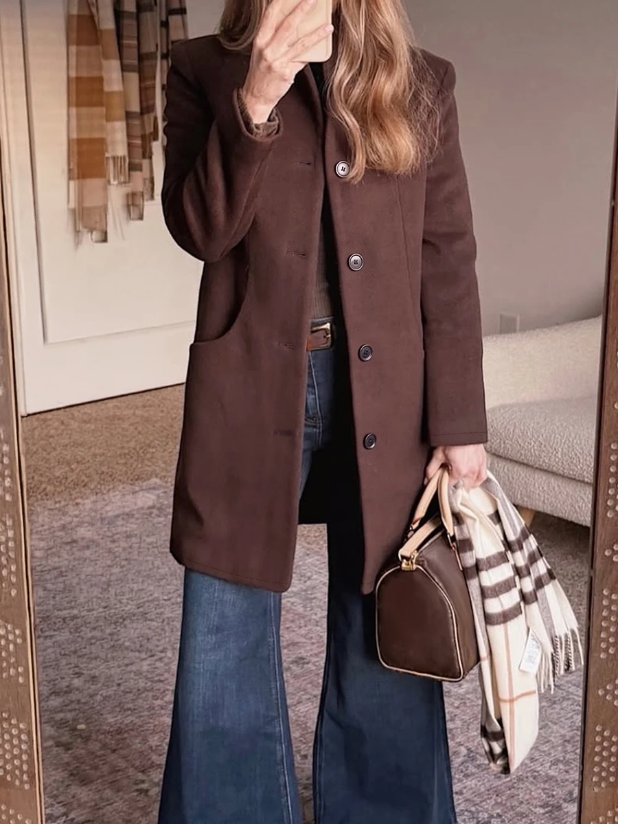 Louniche 2026 New Mid-Length Pocket Overcoat, Casual Everyday Outerwear For Streetwear And Afternoon Tea - Coffee Brown - View 1