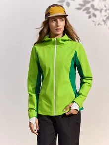 In My Nature Women's Striped Colorblock Zipper Long Sleeve Hooded Outdoor Windbreaker - Army Green - View 4