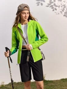 In My Nature Women's Striped Colorblock Zipper Long Sleeve Hooded Outdoor Windbreaker - Army Green - View 6