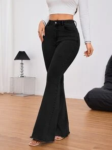 SHEIN Tall 女款休閒水洗修身喇叭褲 黑色寬腿喇叭牛仔褲 高個女性適用 - 黑色 - 查看 5