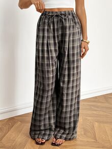 SHEIN Tall Women's Tall Plaid Bohemian Loose Wide-Leg Pants - Multicolor - View 8