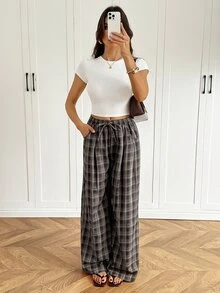 SHEIN Tall Women's Tall Plaid Bohemian Loose Wide-Leg Pants - Multicolor - View 5
