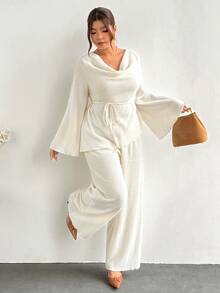 Firerie Plus Size Cowl Neck Versatile Long Sleeve Top And Casual Elegant Pants 2 Pieces Set Autumn Office Brunch Party Business Work Set For Women All White - Apricot - View 6
