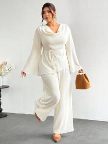 Firerie Plus Size Cowl Neck Versatile Long Sleeve Top And Casual Elegant Pants 2 Pieces Set Autumn Office Brunch Party Business Work Set For Women All White - Apricot - View 7