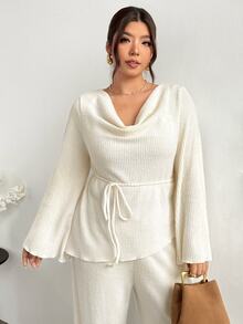 Firerie Plus Size Cowl Neck Versatile Long Sleeve Top And Casual Elegant Pants 2 Pieces Set Autumn Office Brunch Party Business Work Set For Women All White - Apricot - View 5