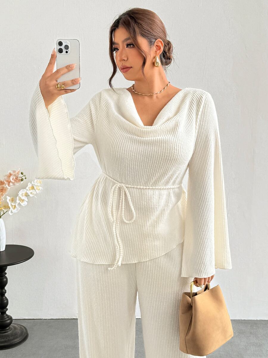 Firerie Plus Size Cowl Neck Versatile Long Sleeve Top And Casual Elegant Pants 2 Pieces Set Autumn Office Brunch Party Business Work Set For Women All White