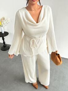 Firerie Plus Size Cowl Neck Versatile Long Sleeve Top And Casual Elegant Pants 2 Pieces Set Autumn Office Brunch Party Business Work Set For Women All White - Apricot - View 8