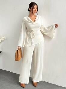Firerie Plus Size Cowl Neck Versatile Long Sleeve Top And Casual Elegant Pants 2 Pieces Set Autumn Office Brunch Party Business Work Set For Women All White - Apricot - View 4