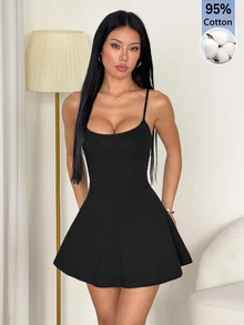 SHEIN PETITE 女款細肩帶A字下擺純色可收納口袋運動休閒日常防走光一體式寬褲健身黑色夏季 - 黑色 - 查看 3