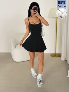 SHEIN PETITE 女款細肩帶A字下擺純色可收納口袋運動休閒日常防走光一體式寬褲健身黑色夏季 - 黑色 - 查看 8