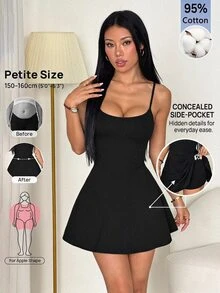 SHEIN PETITE 女款細肩帶A字下擺純色可收納口袋運動休閒日常防走光一體式寬褲健身黑色夏季 - 黑色 - 查看 6