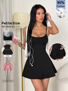 SHEIN PETITE 女款細肩帶A字下擺純色可收納口袋運動休閒日常防走光一體式寬褲健身黑色夏季 - 黑色 - 查看 4