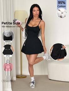 SHEIN PETITE 女款細肩帶A字下擺純色可收納口袋運動休閒日常防走光一體式寬褲健身黑色夏季 - 黑色 - 查看 5