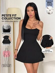 SHEIN PETITE 女款細肩帶A字下擺純色可收納口袋運動休閒日常防走光一體式寬褲健身黑色夏季 - 黑色 - 查看 10