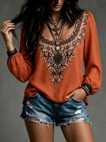 SHEIN Retro Print Casual Vacation Style Long Sleeve T-Shirt - Brown - View 4
