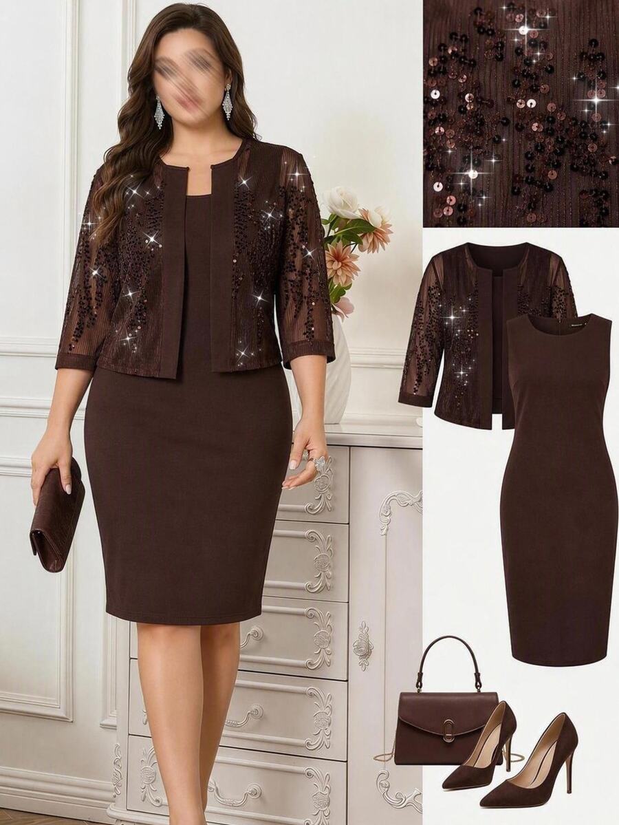 Reflora Plus Size Elegant Party Dinner Formal Evening Cocktail Formal Sequin Cropped Top Dress 2 Pieces Set Wedding Black Chocolate Brown Autumn Wedding - Rust Brown - View 1