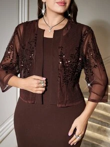 Reflora Plus Size Elegant Party Dinner Formal Evening Cocktail Formal Sequin Cropped Top Dress 2 Pieces Set Wedding Black Chocolate Brown Autumn Wedding - Rust Brown - View 3