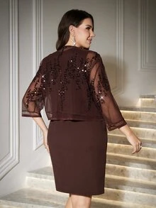 Reflora Plus Size Elegant Party Dinner Formal Evening Cocktail Formal Sequin Cropped Top Dress 2 Pieces Set Wedding Black Chocolate Brown Autumn Wedding - Rust Brown - View 8