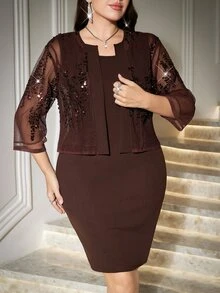 Reflora Plus Size Elegant Party Dinner Formal Evening Cocktail Formal Sequin Cropped Top Dress 2 Pieces Set Wedding Black Chocolate Brown Autumn Wedding - Rust Brown - View 4