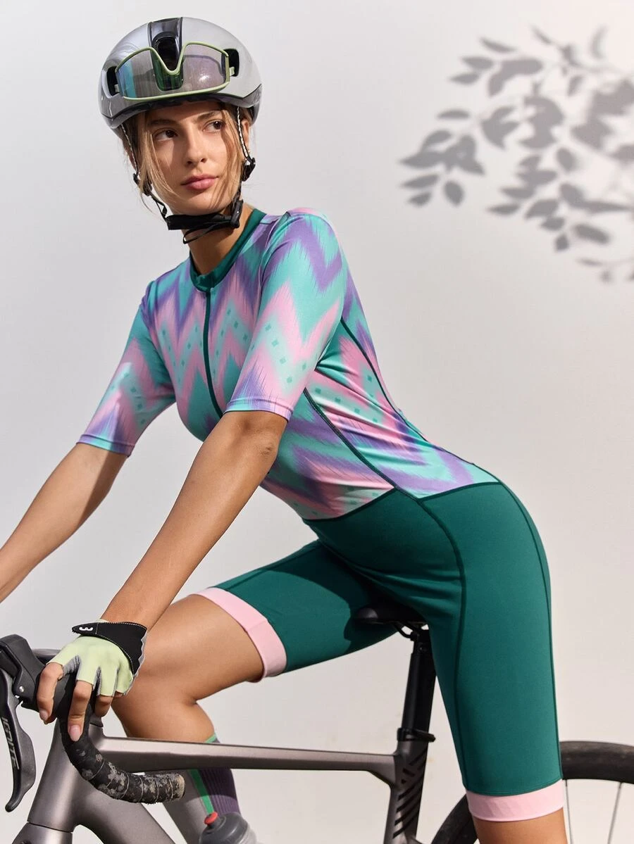 In My Nature Colorblock Purple Mint Short Sleeve Cycling Unitard - Slim Fit Professional Bike Romper For Road & Trail Riding