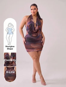 Hourglow 大尺碼女款深紫色垂領性感優雅商務休閒修身掛脖洋裝，適合外出、夜店、派對、度假、夏季 - 棕色 - 查看 7