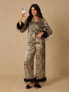 HautHeat Women's Leopard Print Top And Pants Pajama Set - Coffee Brown - View 5