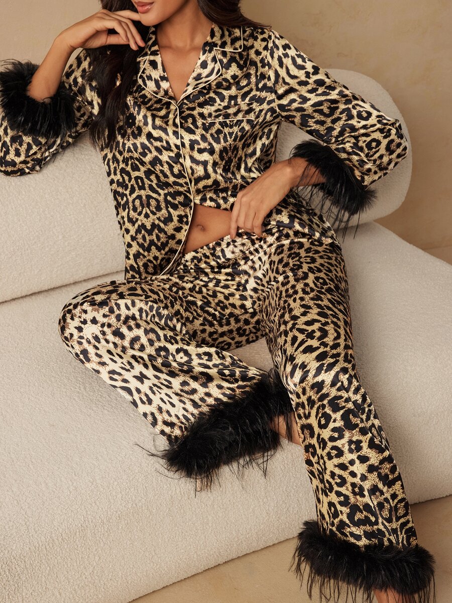 HautHeat Women's Leopard Print Top And Pants Pajama Set - Coffee Brown - View 1