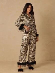 HautHeat Women's Leopard Print Top And Pants Pajama Set - Coffee Brown - View 4