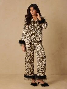 HautHeat Women's Leopard Print Top And Pants Pajama Set - Coffee Brown - View 3