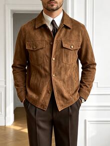 Core Aspect Men's Solid Color Brown Suedette Long Sleeve Single-Breasted Casual Jacket, Multi-Pocket Collar Outerwear - Coffee Brown - View 1