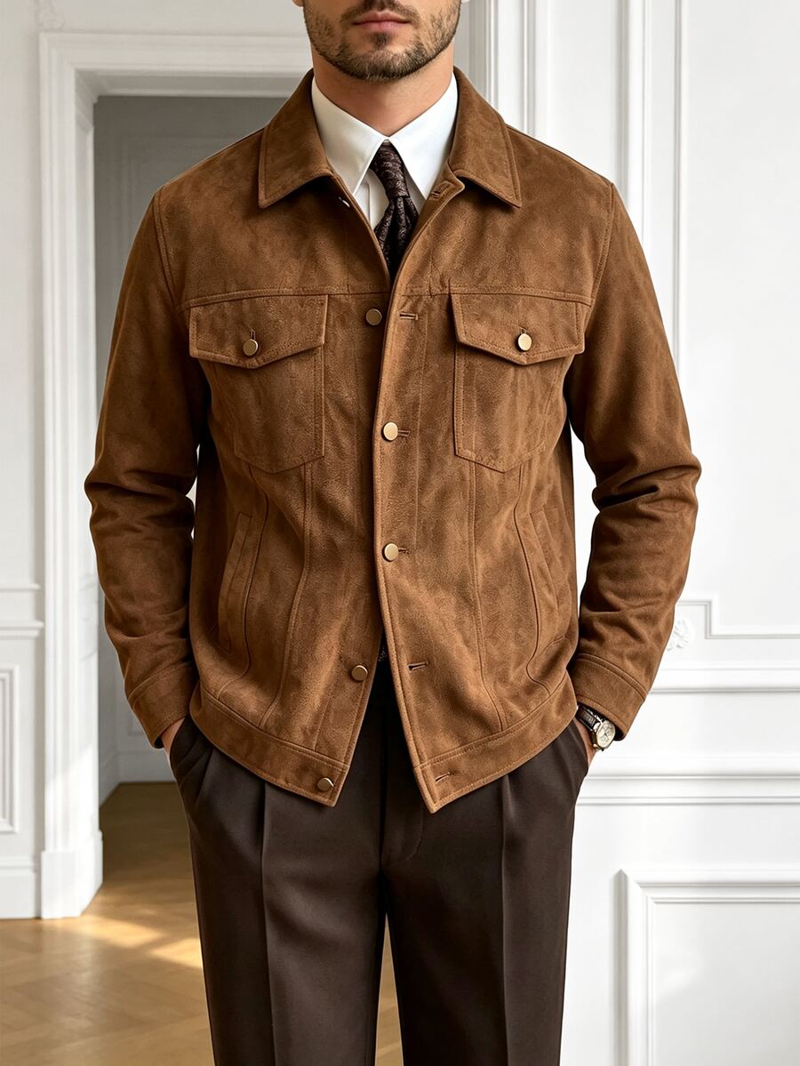 Core Aspect Men's Solid Color Brown Suedette Long Sleeve Single-Breasted Casual Jacket, Multi-Pocket Collar Outerwear - Coffee Brown - View 1