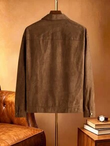 Core Aspect Men's Solid Color Brown Suedette Long Sleeve Single-Breasted Casual Jacket, Multi-Pocket Collar Outerwear - Coffee Brown - View 5